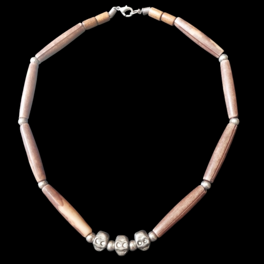 N4076 Unisex Rustic Vintage Skull Skeleton Head Wood Look Necklace